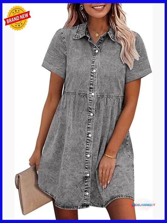 Dresses & Skirts - Denim Babydoll Tiered Swing Dress, Short Sleeve, Button Down, Cotton Blend